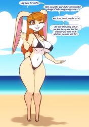 anthro beach bikini bunny_girl dialogue flirting flirting_with_viewer furry inviting_to_sex lagomorph scorpdk wink