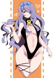 1girls alternate_costume bare_shoulders bare_thighs black_slingshot_swimsuit black_swimsuit bracelet breasts camilla_(fire_emblem) eyewear_on_head fe135700 female female_only fire_emblem fire_emblem_fates flower hair_over_one_eye heart highres holding_own_hair jewelry large_breasts long_hair navel nintendo parted_lips purple_hair slingshot_swimsuit smile solo sunglasses swimsuit thighs very_long_hair yellow_flower