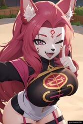 1girls 2023 3d ai_generated big_breasts big_ears black_nose ear_tuft epic_games female_only fortnite fox_ears fox_girl furry kimiko kimiko_(fortnite) kitsune looking_at_viewer one_eye_closed open_mouth pink_eyes pink_hair sharp_teeth solo solo_female thick_thighs thighs white_body