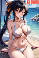 ai_generated ailight akeno_himejima big_breasts bikini black_hair high_school_dxd pink_eyes pink_panties stable_diffusion tight_clothing transparent_clothing voluptuous voluptuous_female white_bikini