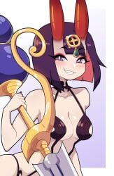 1girls fate/grand_order fate_(series) female female_only forehead_jewel hi_res horns j5daigada looking_at_viewer medium_hair oni oni_horns purple_eyes purple_hair shuten_douji_(fate) skimpy skimpy_clothes small_breasts smiling smiling_at_viewer solo teeth_showing