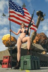 3d american american_flag american_flag_bikini big_breasts bikini dead_or_alive explosion fighter_jet flag gun guns national_personification rantdox tina_armstrong weapon