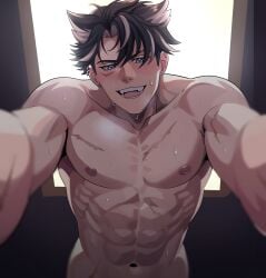 1boy abs blush bottom_pov female_pov genshin_impact looking_at_viewer male_only merururuu muscles scars smirk tagme wriothesley_(genshin_impact)