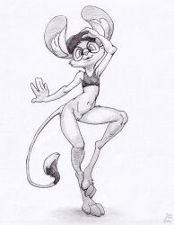 anthro big_ears clothing dipodid eyewear female genitals glasses graphite_(artwork) halo-pano hat headgear headwear hi_res jerboa luck_(animancer) mammal navel pencil_(artwork) pussy rodent shirt solo tail tank_top topwear traditional_media_(artwork)