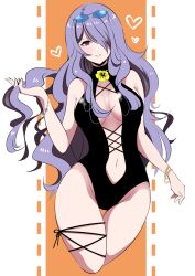 1girls alternate_costume bare_shoulders bare_thighs black_one-piece_swimsuit black_swimsuit bracelet breasts camilla_(fire_emblem) eyewear_on_head fe135700 female female_only fire_emblem fire_emblem_fates flower hair_over_one_eye heart highres holding_own_hair jewelry large_breasts long_hair looking_at_viewer navel nintendo one-piece_swimsuit parted_lips purple_hair smile solo sunglasses swimsuit thighs very_long_hair yellow_flower