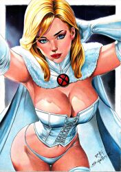 big_breasts blonde_hair blue_eyes breasts cleavage corset emma_frost marvel marvel_comics navel panties pinup rafael_schneider rafaschneider white_queen x-men