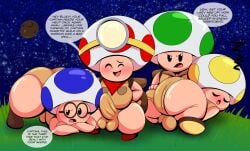 4boys ass backsack balls bulge captain_toad clothing detailed_bulge dialogue erection erection_under_clothes gay glasses group hint_toad male male_only mario_(series) super_mario_galaxy tepigfan101 toad_(mario) underwear