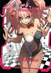 1girls :d alternate_costume animal_ears bangs bare_shoulders bear_hair_ornament black_leotard blonde_hair blue_eyes bow bowtie breasts bunnysuit checkered_floor cleavage collarbone cowboy_shot danganronpa danganronpa:_trigger_happy_havoc danganronpa_(series) detached_collar fake_animal_ears female fishnet_pantyhose fishnets hair_ornament hands_up hi_res junko_enoshima large_breasts leotard long_hair looking_at_viewer nail_polish navel navel_cutout official_alternate_costume open_mouth pantyhose playboy_bunny rabbit_ears red_bow red_bowtie red_nails shiny shiny_hair smile solo strapless strapless_leotard thigh_gap twintails white_leotard wrist_cuffs youko-shima