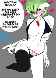 2021 absurd_res big_breasts blush breasts clothing clothing_pull clothing_ring dialogue embarrassed english_honorific english_text female gardevoir generation_3_pokemon green_hair grey_background hair heart heart_catchlight heart_ring heart_ring_(hardware) heart_ring_bra hearts_around_body hearts_around_head hi_res honorific legwear motion_lines motion_outline navel neo_mecha nintendo not_furry panties panty_pull pokemon pokemon_(species) pubic_tattoo raised_leg red_eyes red_heart ring_(hardware) seductive signature simple_background solo speech_bubble text thigh_highs thong unbuttoned_bra unclasped_bra underwear underwear_pull undressing