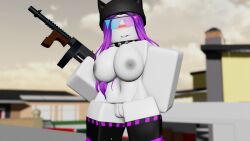 1girls 3d areolae artist_request big_breasts breasts gun long_hair mostly_nude nipples outside purple_hair pussy roblox roblox_game robloxian source_request spiked_collar stomach tagme thighs weapon weaponry_(game) white_skin