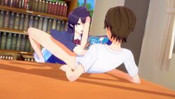 1boy 1girls 3d babakonga big_penis brown_hair clothed clothing erection fellatio handjob hi_res komi-san_wa_komyushou_desu komi_shouko long_hair naoto_hachioji_(senpai) open_mouth penis please_don't_bully_me,_nagatoro purple_hair revealing_clothes short_hair simple_background spread_legs tongue_out