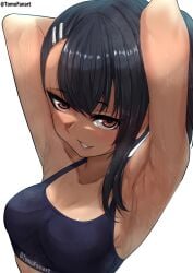 1girls black_hair blush breasts brown_eyes cleavage clothed clothing female female_focus female_only hayase_nagatoro hi_res highres long_hair looking_at_viewer please_don't_bully_me,_nagatoro ponytail revealing_clothes simple_background small_breasts solo sweat tan tan-skinned_female tan_body tan_skin tanned tanned_female tomodachi_(tomofanart) watermark white_background