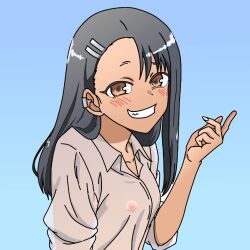 1girls areolae black_hair blush breasts brown_eyes clothed clothing earrings female female_focus female_only hayase_nagatoro hi_res highres long_hair looking_at_viewer masukuno_kyo nipples please_don't_bully_me,_nagatoro revealing_clothes see-through simple_background small_breasts smile solo tan tan-skinned_female tan_body tan_skin tanned tanned_female transparent_clothing