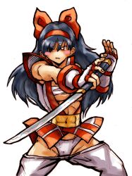 1girls ainu_clothes big_breasts blue_hair breasts brown_eyes busty cleavage fighting_stance fingerless_gloves gloves hair_over_one_eye hair_ribbon japanese_clothes king_of_fighters large_breasts legs long_hair looking_at_viewer nakoruru open_clothes panties pants ribbon samurai_shodown sarashi serious snk solo thighs underboob underwear voluptuous weapon