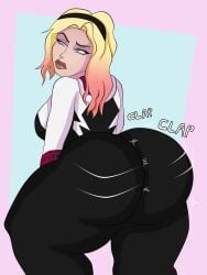 1girls alternate_ass_size alternate_body_type annoyed annoyed_expression ass ass_focus big_ass big_butt blonde_hair blueartfiend butt_focus clapping_buttocks eyebrow_piercing female gwen_stacy marvel marvel_comics spider-gwen spider-man_(series) twerking