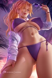 1girls beach bikini bleach bleach_brave_souls blonde_hair blue_eyes breasts commentary covered_erect_nipples english_commentary eyes_visible_through_hair eyewear_removed female from_below gluteal_fold large_breasts lips long_hair looking_at_viewer matsumoto_rangiku mole mole_under_mouth navel ocean olchas open_clothes open_mouth open_shirt palm_tree purple_bikini side-tie_bikini_bottom solo summer sunglasses sunset swimsuit tree watermark