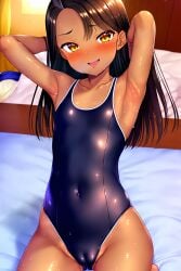 1girls ai_generated bed black_hair blush breasts brown_eyes cameltoe clothed clothing female female_focus female_only hayase_nagatoro hi_res highres long_hair looking_at_viewer navel on_back on_bed open_mouth pixiz-sama please_don't_bully_me,_nagatoro revealing_clothes simple_background small_breasts solo spread_legs swimsuit tan tan-skinned_female tan_body tan_skin tanned tanned_female