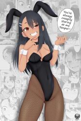 1girls black_hair breasts brown_eyes bunny_ears bunny_girl cleavage clothed clothing english_text female female_focus female_only gartsx hayase_nagatoro hi_res highres long_hair looking_at_viewer medium_breasts naoto_hachioji_(senpai) navel please_don't_bully_me,_nagatoro pose revealing_clothes simple_background solo tan tan-skinned_female tan_body tan_skin tanned tanned_female text watermark