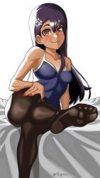 1girls 4tights_ bed black_hair blush breasts brown_eyes clothed clothing earrings fangs feet female female_focus female_only hayase_nagatoro hi_res highres long_hair looking_at_viewer nylons pantyhose please_don't_bully_me,_nagatoro pose revealing_clothes simple_background sitting small_breasts smile solo stockings swimsuit tan tan-skinned_female tan_body tan_skin tanned tanned_female wide_hips