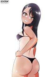 1girls bikini black_hair black_thong breasts brown_eyes clothed clothing female female_focus female_only hayase_nagatoro hi_res highres long_hair looking_at_viewer looking_back please_don't_bully_me,_nagatoro reivcrow revealing_clothes sideboob simple_background small_breasts smile solo tan tan-skinned_female tan_body tan_skin tanline tanned tanned_female thong watermark white_background wide_hips