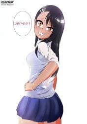 1girls black_hair breasts brown_eyes clothed clothing english_text female female_focus female_only hayase_nagatoro hi_res highres long_hair looking_at_viewer looking_back please_don't_bully_me,_nagatoro reivcrow revealing_clothes sideboob simple_background skirt small_breasts smile solo tan tan-skinned_female tan_body tan_skin tanline tanned tanned_female text watermark white_background wide_hips