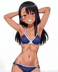 1girls ai_generated armpits arms_up bikini black_hair blush breasts brown_eyes clothed clothing female female_focus female_only hayase_nagatoro hi_res highres long_hair looking_at_viewer navel please_don't_bully_me,_nagatoro revealing_clothes simple_background small_breasts smile solo tan tan-skinned_female tan_body tan_skin tanned tanned_female whirlpai white_background