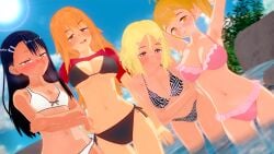 3d 4girls big_breasts bikini black_hair blonde_hair blush breasts brown_eyes brown_hair cleavage clothed clothing cricgck curvy earrings female female_focus female_only gamo-chan hayase_nagatoro hi_res highres long_hair looking_at_viewer medium_hair navel orange_hair please_don't_bully_me,_nagatoro revealing_clothes simple_background small_breasts tan tan-skinned_female tan_body tan_skin tanline tanned tanned_female wide_hips yoshi_(nagatoro)