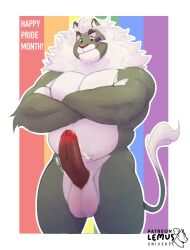 2023 anthro artist_logo artist_name baddonut balls biceps bisexual_pride_colors bodily_fluids bodypaint crossed_arms deltoids english_text erection face_paint felid fur genital_fluids genitals green_body green_fur hair hi_res leaking_precum leo_(baddonut) lgbt_pride lion logo looking_at_genitalia looking_at_penis looking_down male male_only mammal mane multicolored_body multicolored_fur musclegut muscular muscular_anthro muscular_male navel nude pantherine penis precum pride_colors pubes rainbow_flag rainbow_pride_flag rainbow_symbol red_eyes solo standing tail tail_tuft text tuft two_tone_body two_tone_fur white_body white_fur white_hair