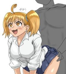 1boy 1girls ass big_ass big_breasts blonde_hair blush breasts brown_eyes clothed clothing curvy female hi_res highres medium_hair open_mouth please_don't_bully_me,_nagatoro revealing_clothes rough_sex sex_from_behind simple_background skirt twintails ufufuto white_background wide_hips yoshi_(nagatoro)