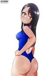 1girls black_hair breasts brown_eyes clothed clothing female female_focus female_only hayase_nagatoro hi_res highres long_hair looking_at_viewer looking_back please_don't_bully_me,_nagatoro reivcrow revealing_clothes sideboob simple_background small_breasts smile solo swimsuit tan tan-skinned_female tan_body tan_skin tanline tanned tanned_female watermark white_background wide_hips