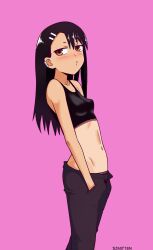 1girls black_hair blush breasts brown_eyes clothed clothing earrings female female_focus female_only hayase_nagatoro hi_res highres long_hair looking_at_viewer navel please_don't_bully_me,_nagatoro revealing_clothes shy sideboob simple_background small_breasts solo szmitten tan tan-skinned_female tan_body tan_skin tanline tanned tanned_female watermark