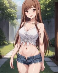 ai_generated breasts brown_hair overflow_(series) shirakawa_ayane shorts thick_thighs