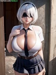 1girls ai_generated android android_girl blindfold breasts cleavage female hi_res hips huge_breasts light-skinned_female light_skin nier nier:_automata panda_ai school_uniform short_hair stable_diffusion thick_thighs thighs white_hair wide_hips yorha_2b