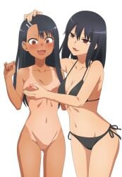 2girls aquastar_inc. areolae big_breasts black_hair blush breasts brown_eyes cleavage clothed clothing earrings female female_focus female_only hayase_nagatoro hi_res highres incest long_hair medium_hair megami_magazine misaki_nagatoro multiple_girls navel nipples nude open_mouth please_don't_bully_me,_nagatoro pussy revealing_clothes simple_background sisters small_breasts tan tan-skinned_female tan_body tan_skin tanline tanned tanned_female uncensored