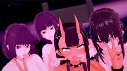 3d 4girls big_breasts black_hair breasts brown_eyes curvy demon demon_girl demon_horns female female_focus female_only hana_sunomiya hayase_nagatoro hi_res highres long_hair looking_at_viewer medium_breasts medium_hair misaki_nagatoro navel please_don't_bully_me,_nagatoro president_(nagatoro) purple_hair regisborg_(artist) sana_sunomiya simple_background tan tan-skinned_female tan_body tan_skin tanned tanned_female wide_hips wink