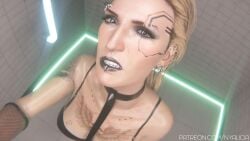 1girls 3d arm_tattoo armwear augmentation blonde_female blonde_hair bridge_piercing brow_piercing brown_lipstick cd_projekt_red chest chest_tattoo clavicle collarbone collarbone_piercing cyberpunk cyberpunk_2077 dark_lipstick ear_piercing ear_piercings eyebrow_piercing eyebrow_slit eyebrow_slits eyelashes female fishnet fishnet_armwear futuristic gritted_teeth human indoors industrial_piercing joints light-skinned_female light_skin lipstick makeup mascara meredith_stout multiple_piercings neon_lights nose nose_bridge_piercing nose_piercing nyalicia patreon_url piercing piercings punk ring_light septum_piercing shower shower_room skull_tattoo straps tattoo tattoo_on_arm tattoo_on_chest teeth url watermark wings_tattoo