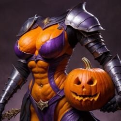 abs ai_generated armor female head_on_hand headless helloween jack-o'-lantern muscular_female orange_body pumpkin solo violet_bikini