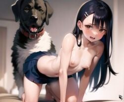 1girls ai_generated all_fours areolae black_hair breasts brown_eyes candy_42 canine clothed clothing female female_focus female_only hayase_nagatoro hi_res highres imminent_bestiality long_hair navel nipples open_mouth please_don't_bully_me,_nagatoro revealing_clothes simple_background skirt small_breasts solo tan tan-skinned_female tan_body tan_skin tanned tanned_female