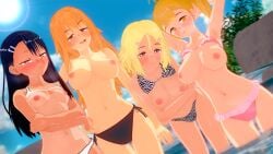 3d 4girls areolae big_breasts bikini black_hair blonde_hair blush breasts brown_eyes brown_hair cleavage clothed clothing cricgck curvy earrings female female_focus female_only gamo-chan hayase_nagatoro hi_res highres long_hair looking_at_viewer medium_hair navel nipples orange_hair please_don't_bully_me,_nagatoro revealing_clothes simple_background small_breasts tan tan-skinned_female tan_body tan_skin tanline tanned tanned_female wide_hips yoshi_(nagatoro)