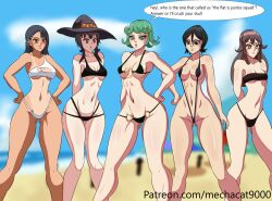 5girls beach big_breasts bikini black_hair bleach breasts brown_eyes brown_hair cleavage clothed clothing crossover curvy english_text female female_only genshin_impact green_hair hayase_nagatoro hi_res highres hu_tao_(genshin_impact) kono_subarashii_sekai_ni_shukufuku_wo! kuchiki_rukia long_hair looking_at_viewer mechacat9000 medium_breasts medium_hair megumin multiple_girls navel ocean one-punch_man please_don't_bully_me,_nagatoro pose revealing_clothes short_hair simple_background swimsuit tan tan-skinned_female tan_body tan_skin tanline tanned tanned_female tatsumaki text watermark wide_hips