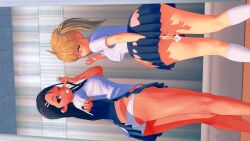 2girls 3d ass big_ass big_breasts black_hair blonde_hair breasts brown_eyes clothed clothing condom curvy female female_only hayase_nagatoro hi_res highres long_hair looking_at_viewer looking_back multiple_girls please_don't_bully_me,_nagatoro regisborg_(artist) revealing_clothes simple_background tan tan-skinned_female tan_body tan_skin tanline tanned tanned_female wide_hips wink yoshi_(nagatoro)