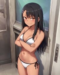 1girls ai_generated bikini black_hair blush breasts brown_eyes clothed clothing female female_focus female_only hayase_nagatoro hi_res highres long_hair looking_at_viewer navel please_don't_bully_me,_nagatoro revealing_clothes simple_background small_breasts smile solo tan tan-skinned_female tan_body tan_skin tanned tanned_female whirlpai white_background