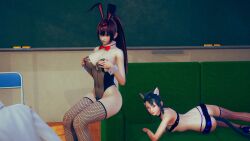 1boy 2girls 3d black_hair breasts brown_eyes bunny_ears bunnysuit cat_ears cat_tail catgirl classroom clothed clothing female female_focus hayase_nagatoro hi_res highres leotard long_hair male multiple_girls naoto_hachioji_(senpai) please_don't_bully_me,_nagatoro president_(nagatoro) revealing_clothes sana_sunomiya schoolgirl see-through_clothing simple_background small_breasts tail_plug tan tan-skinned_female tan_body tan_skin tanned tanned_female transparent_bunnysuit waki112