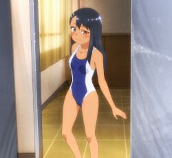 1girls 774_(nanashi) black_hair blush breasts brown_eyes clothed clothing female female_focus female_only hayase_nagatoro hi_res highres long_hair looking_at_viewer please_don't_bully_me,_nagatoro revealing_clothes screencap simple_background small_breasts smile solo swimsuit tan tan-skinned_female tan_body tan_skin tanned tanned_female