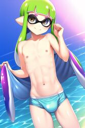 1boy ai_generated belly_button bulge bulge_through_clothing femboy inkling inkling_boy male male_only nintendo nipples novelai splatoon swim_briefs swimsuit topless_male