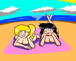 2girls barefoot beach beach_towel betty_and_veronica betty_cooper black_hair blonde_hair blue_eyes breasts completely_nude completely_nude_female couple dating female female_only lesbians long_hair lying_on_stomach nude nude_female ponytail revrookington smile veronica_lodge