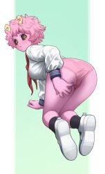 1girls 2023 all_fours anklehighs antennae_(anatomy) ass black_sclera black_socks blush crew_socks embarrassed female female_only lentiyay looking_at_viewer looking_back looking_back_at_viewer mina_ashido my_hero_academia no_skirt panties pink_hair pink_panties pink_skin school_uniform socks solo yellow_eyes