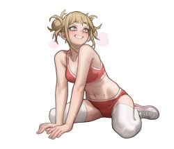 1girls bags_under_eyes blonde_hair blush booty_shorts bra clothing female female_only hair_bun himiko_toga kneeling lentiyay matching_underwear messy_hair my_hero_academia panties red_bra red_panties shoes smile socks socks_and_shoes solo sports_bra sportswear spread_legs teeth_showing thigh_socks thighhighs toned_female twin_buns very_high_resolution white_background white_legwear white_socks white_thighhighs wide_hips yellow_eyes