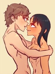 1boy 1girls black_hair breasts brown_eyes brown_hair female hayase_nagatoro hi_res highres hugging lexart_thighzzzz long_hair love medium_breasts naoto_hachioji_(senpai) navel nude open_mouth please_don't_bully_me,_nagatoro romantic short_hair simple_background smile standing tan tan-skinned_female tan_body tan_skin tanned tanned_female