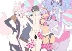 1boy 4futas animal_ears balls bb_(fate) bb_(swimsuit_mooncancer) big_breasts big_penis bikini breasts censored clothed clothing dark-skinned_futanari dark_skin erection fate/grand_order fate_(series) flat_colors fujimaru_ritsuka_(male) futa_is_bigger futanari hips huge_breasts huge_cock human humanoid humanoid_penis ibuki_douji_(fate) ibuki_douji_(swimsuit_berserker)_(fate) kemonomimi koyanskaya_(fate) ky. light-skinned_futanari light-skinned_male light_skin long_hair male mash_kyrielight mostly_nude penis penis_size_difference pink_hair purple_hair small_penis smooth_balls smooth_penis tail thick_thighs thighs wide_hips